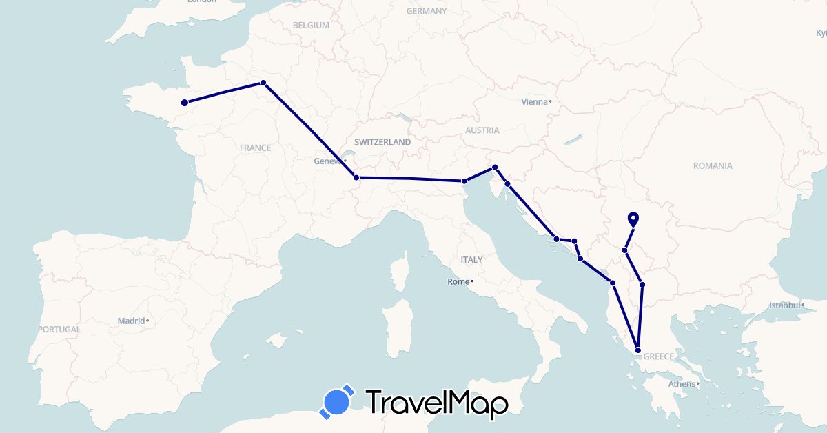 TravelMap itinerary: driving in Albania, Bosnia and Herzegovina, France, Greece, Croatia, Italy, Macedonia, Serbia, Slovenia (Europe)